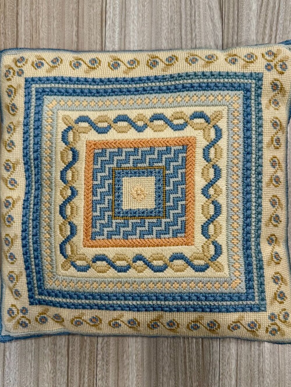 Vintage RETRO Geometric Pattern Needlepoint Cross Stitch Pillow 13.5” X 13.5”